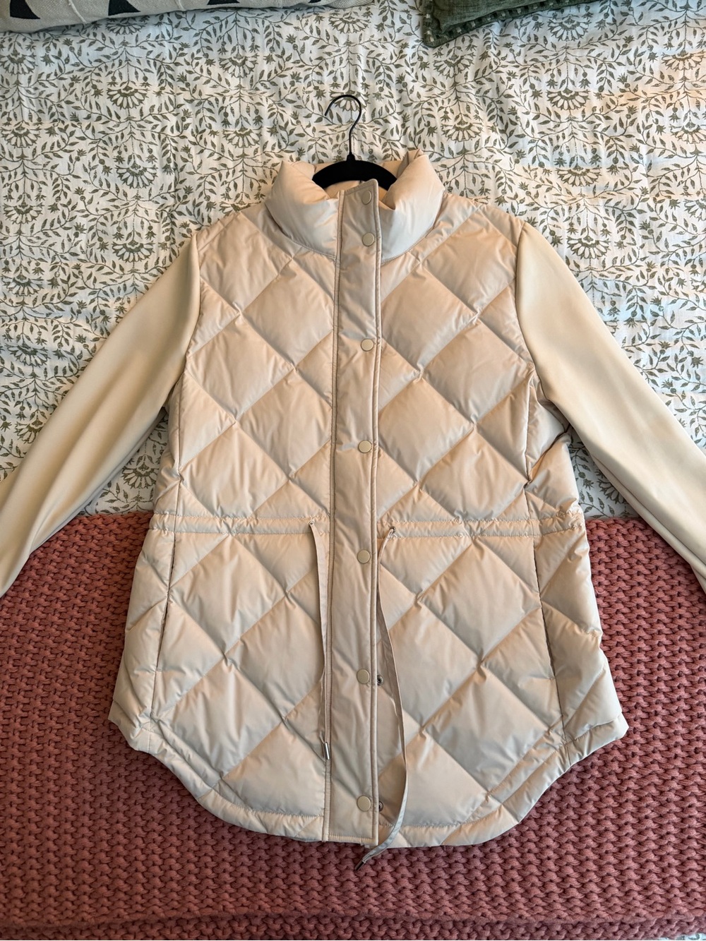Quilted Cream Puffer Jacket with Cinch Waist